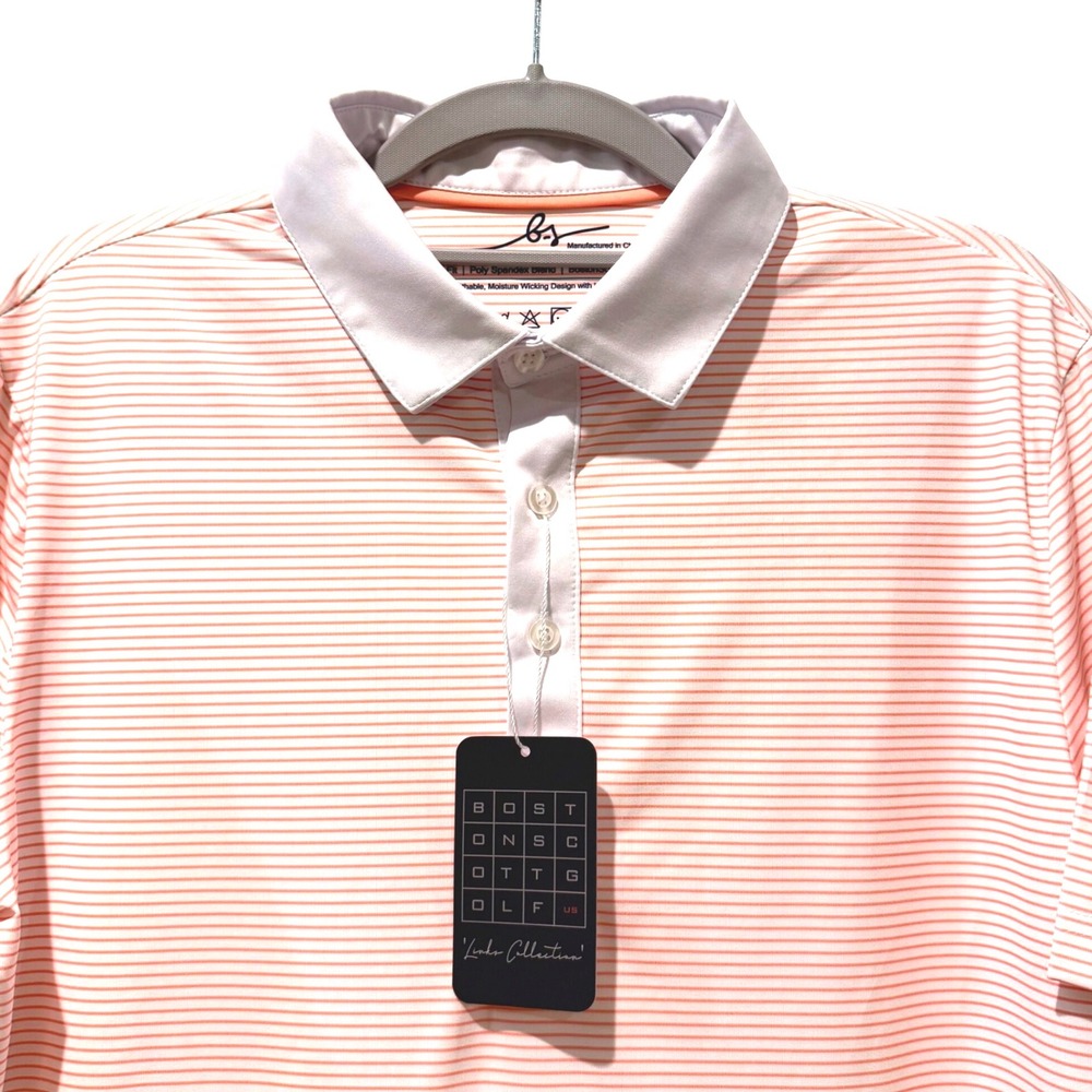 Boston Scott Golf Shirt‎ Mens Small Peach Stripe Modern Fit Moisture Wicking